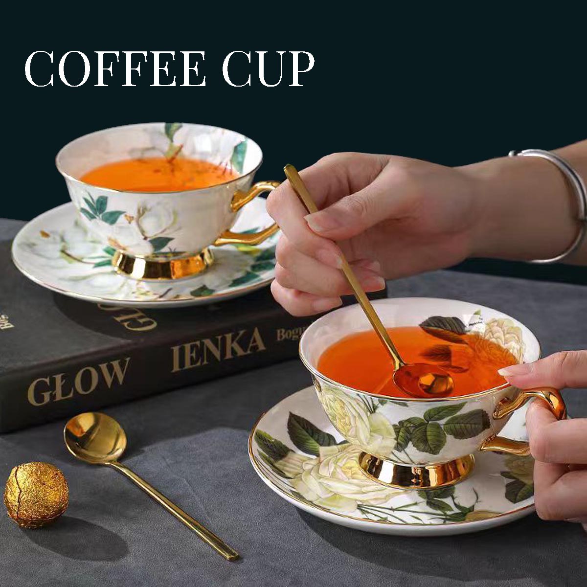 Ethereal Blooms Bone China Set: White Rose & Camellia Gold Trim