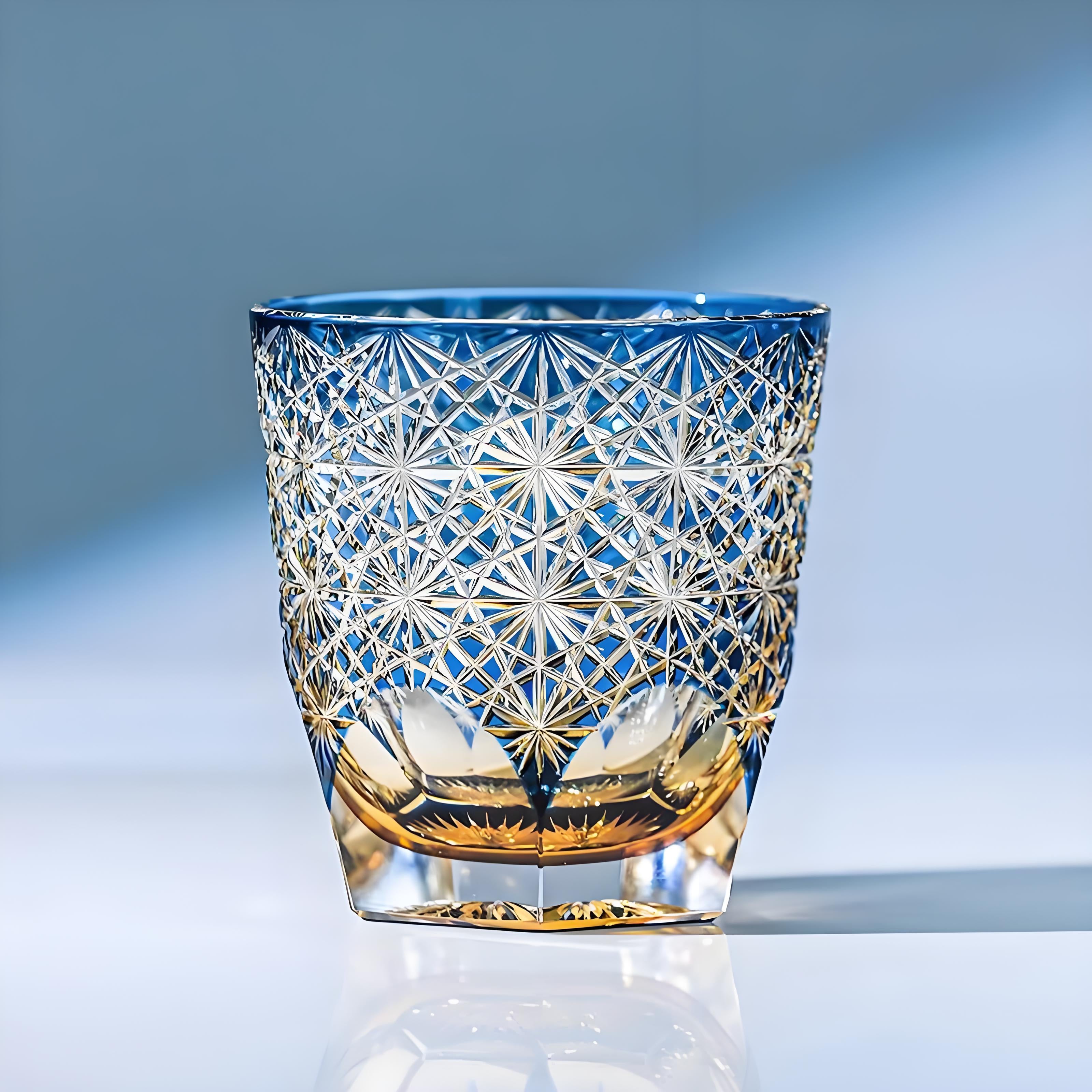 Edo Frost Carved Tumbler: Diamond-Base + Never-End Chrysanthemum (Leather gift box)