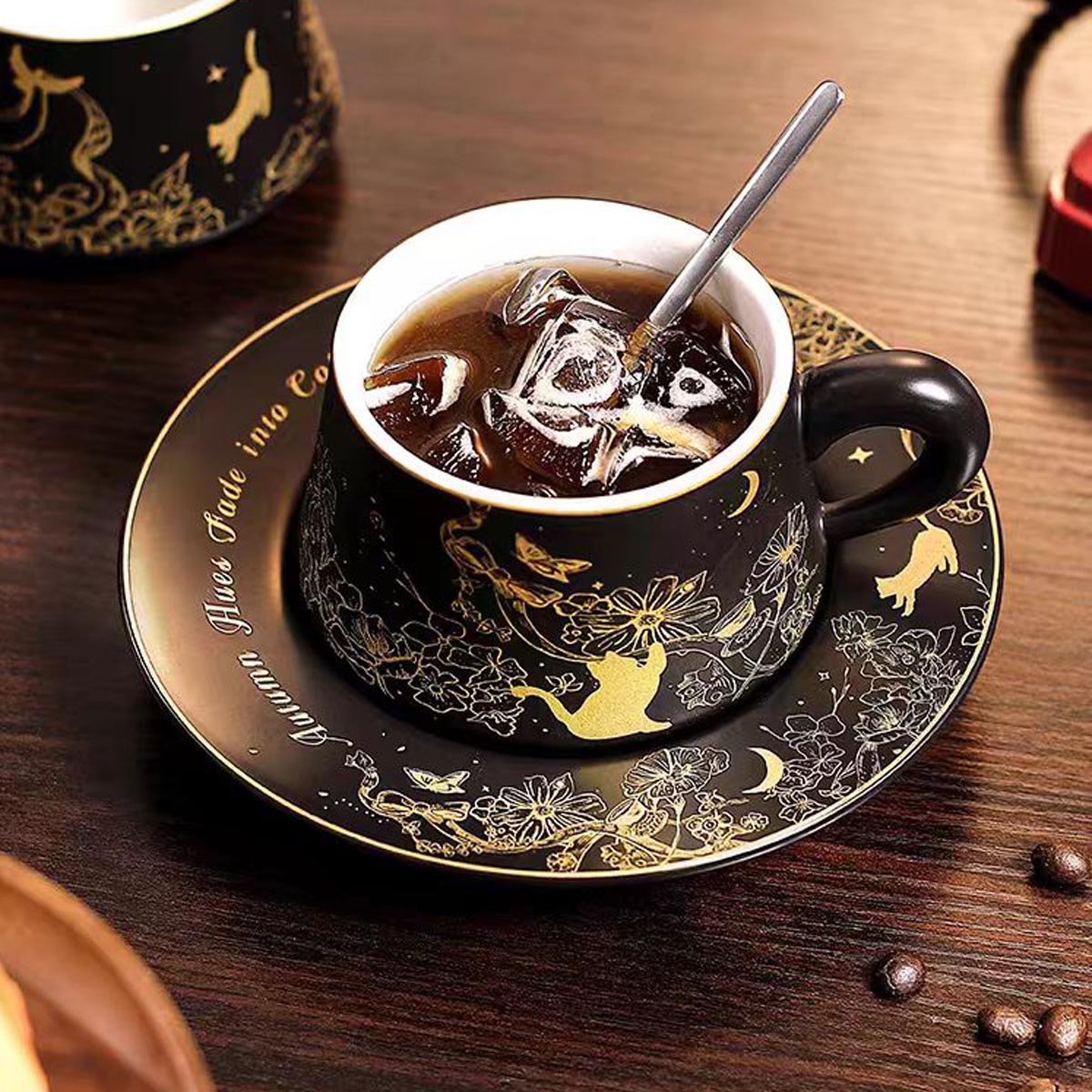 Midnight Whiskers Bone China Set: Gold Roses & Cats