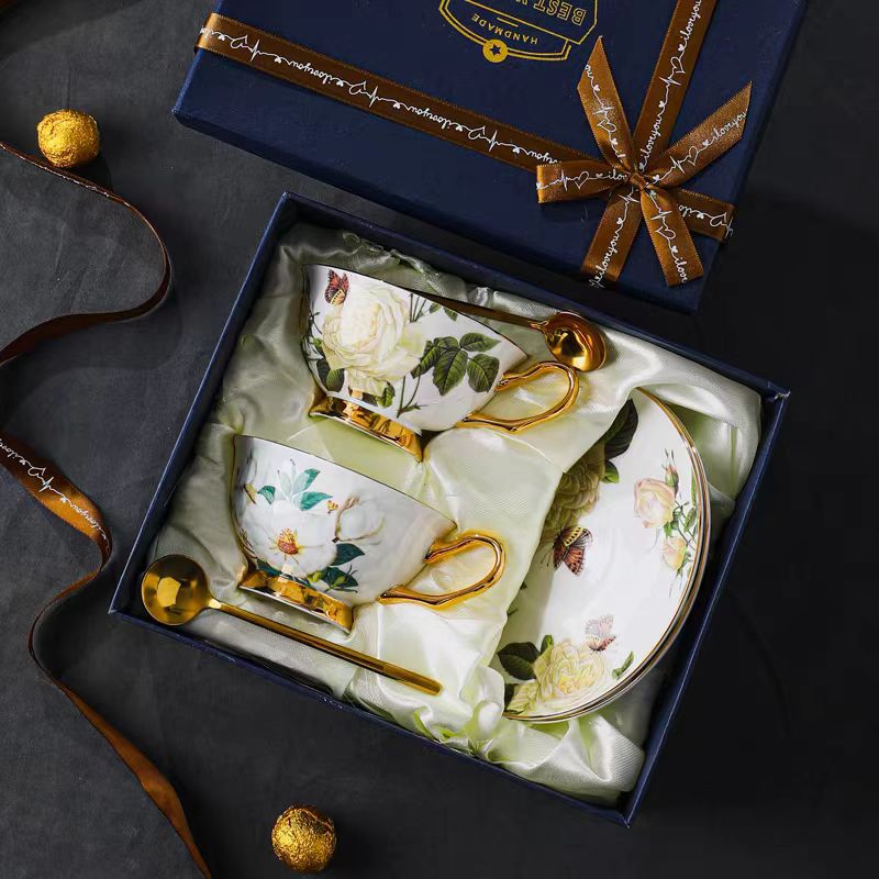 Ethereal Blooms Bone China Set: White Rose & Camellia Gold Trim