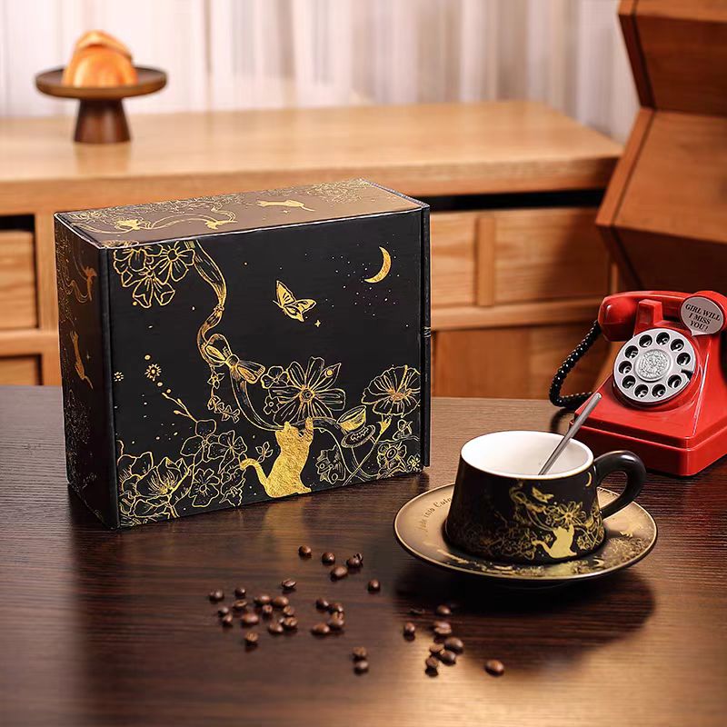 Midnight Whiskers Bone China Set: Gold Roses & Cats