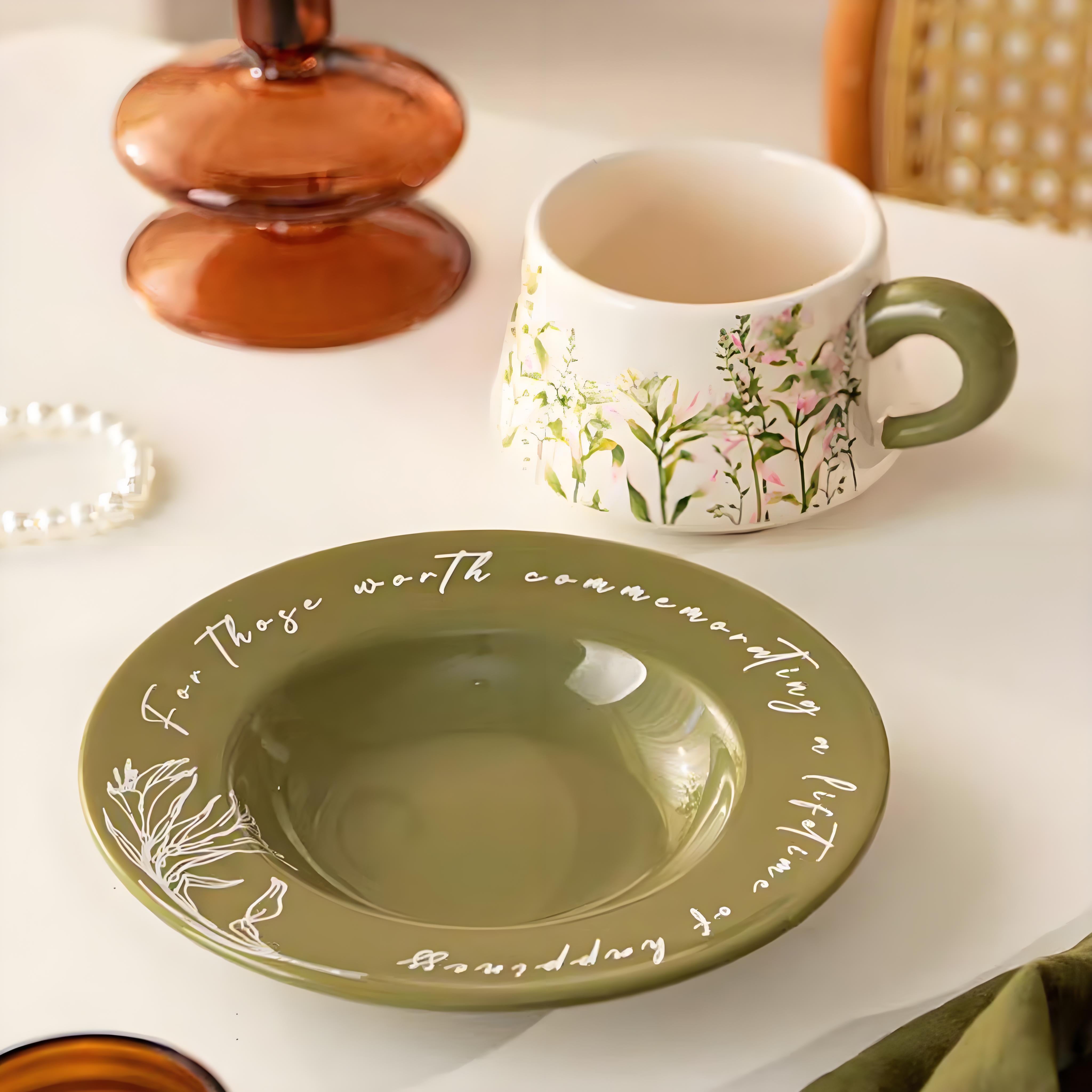 Garden Escape Gift Set: Ceramic Coffee Cups, Saucers & French Towels