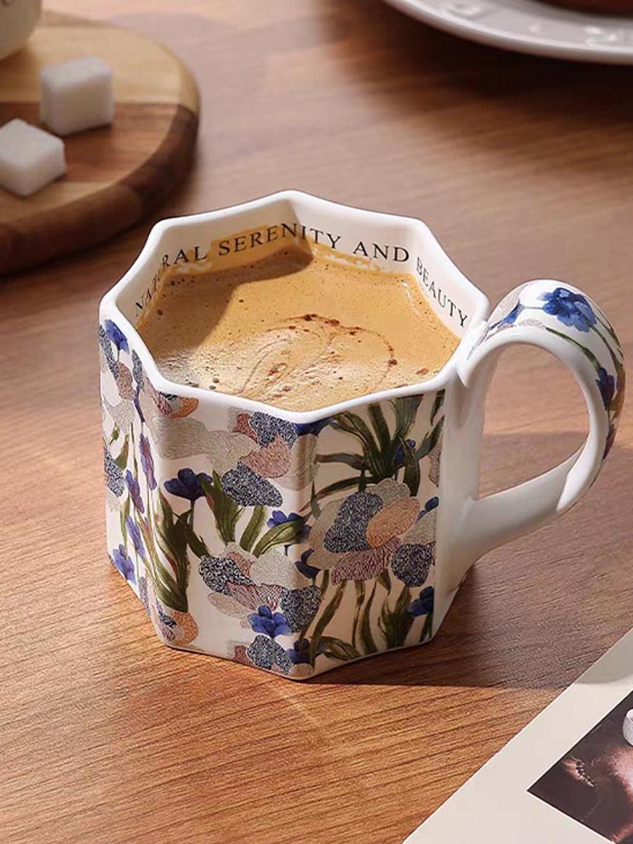 Iris Embossed Octagon Mug - French Vintage Ceramic Coffee Cup