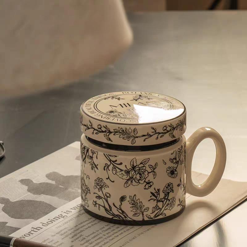 Botanical Ceramic Mug with Dust-Proof Lid - Floral Office & Breakfast Companion
